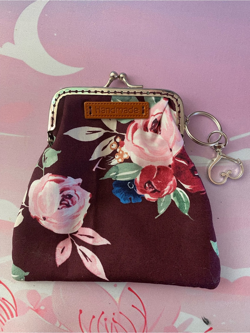 Handmade Floral Kiss-Lock Coin Purse - Burgundy Pink Rose